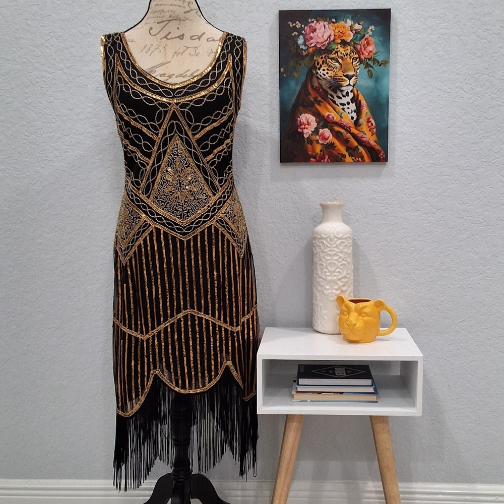 Black and Gold Beaded Gatsby Inspo Fringe Dress